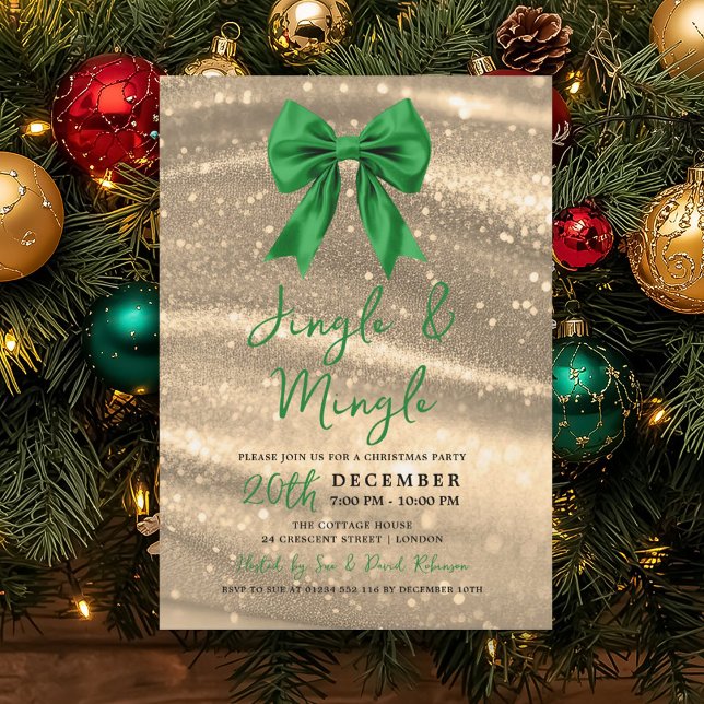 Convite Festa Jingle & Mingle Natal Arco Verde Brilho Dour (Jingle & Mingle Xmas Party Gold Sparkle Green Bow Invitation)