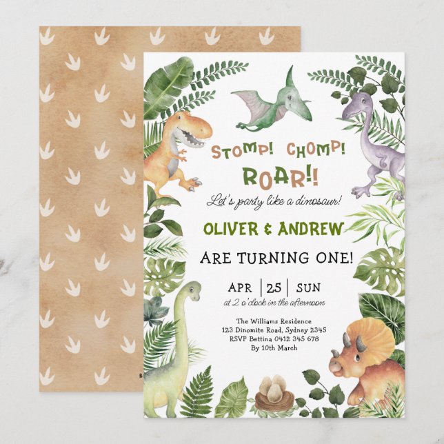 Convite Festa Jurássica de Aniversário do Dinossauro Gemin (Frente/Verso)