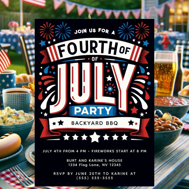 Convite Festa Legal Patriótica de 4 de Julho (Patriotic Fourth of July party invitation with red, white, and blue fireworks design for a backyard )