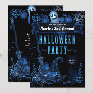 Convite Festa Mágica de Halloween Gato Preto Luzes Azuis B
