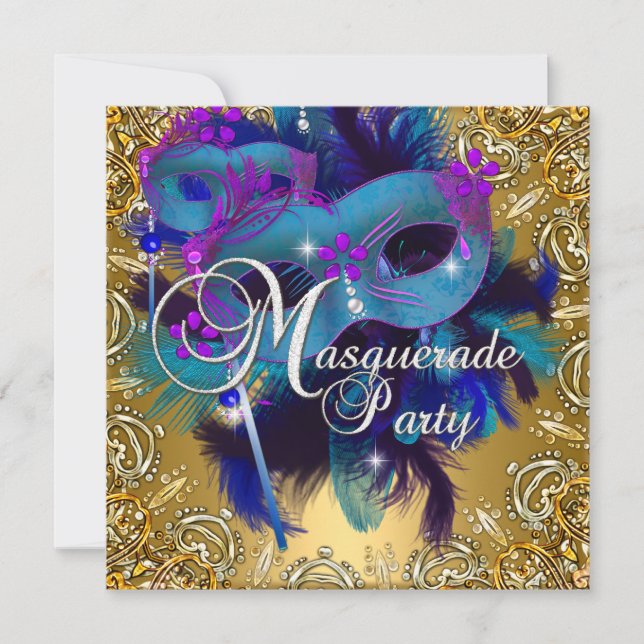 Convite Festa Máscara Azul Dourado Roxo (Frente)