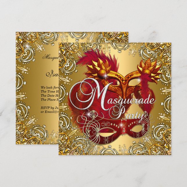 Convite Festa Máscara Vermelho Dourado Prata (Frente/Verso)