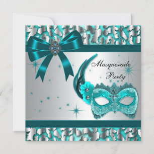 Convite Festa-Mascarada de-Leopardo Azul-Teal Elegante