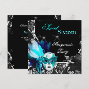 Convite Festa Masquerade Sweet 16 Máscara Azul Teal Preto