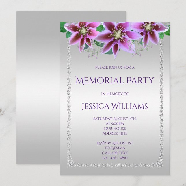 Convite Festa Memorial Classy Diamonds & Flowers (Frente/Verso)