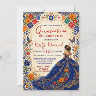 Convite Festa Mexicana Azul Floral Dourado Quinceanera