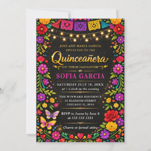 Convite Festa Mexicana Brilhante Floral Quinceanera
