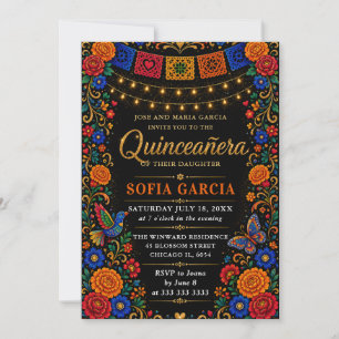 Convite Festa Mexicana Brilhante Floral Quinceanera