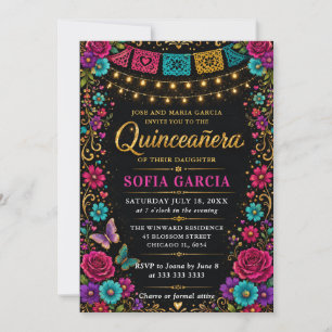 Convite Festa Mexicana Brilhante Floral Quinceanera