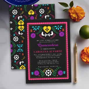 Convite Festa Mexicana de Papel Picado Moderno Quinceanera