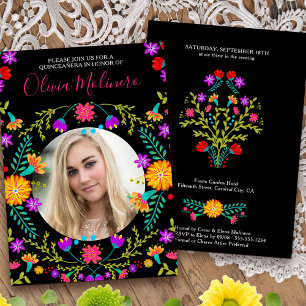 Convite Festa Mexicana de Quinze Anos Foto Floral Preto