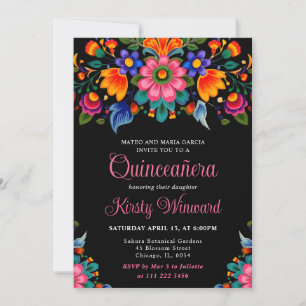 Convite Festa Mexicana Floral Preto Quinceanera