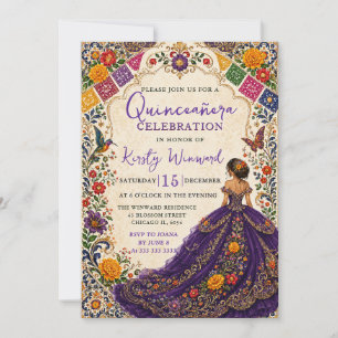 Convite Festa Mexicana Roxo Floral Dourado Quinceanera