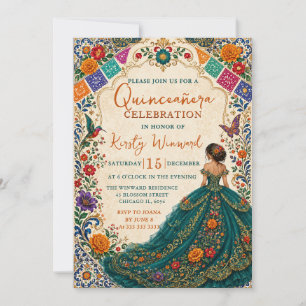 Convite Festa Mexicana Verde Floral Dourado Quinceanera