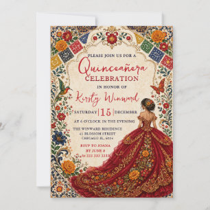 Convite Festa Mexicana Vermelha Floral Dourada Quinceanera