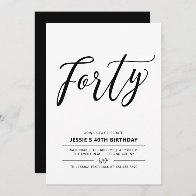 Convite Festa Mínima de aniversário de 40 anos de 40 Preto (Frente/Verso)