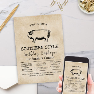 Convite Festa Minimalista Vintage de Churrasco de Porco In