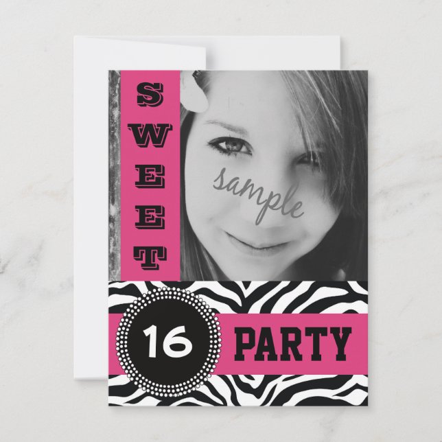 Convite Festa Mod Hot Pink Zebra Sweet 16 com Foto (Frente)