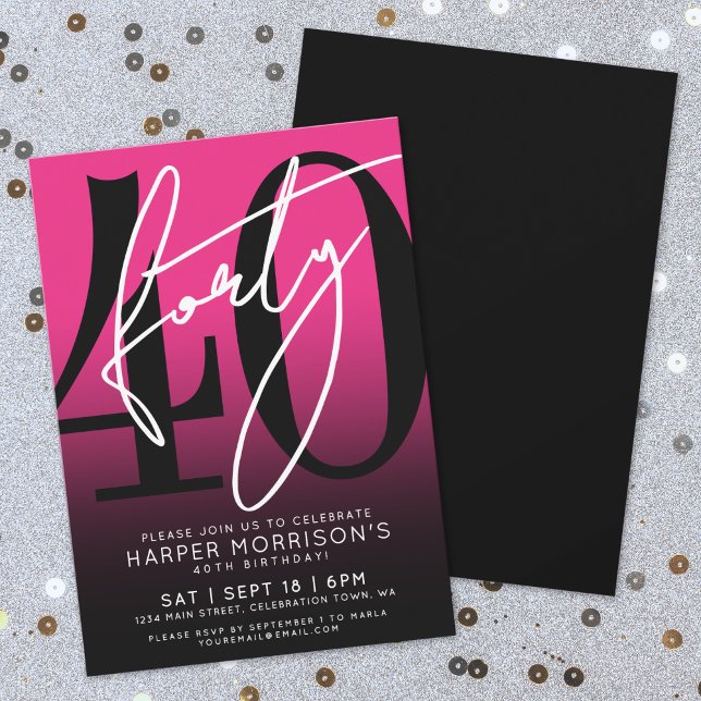 Convite Festa Moderna de 40 Anos de Idade Cor de Rosa (Modern Pink 40th Birthday Party Invitation)
