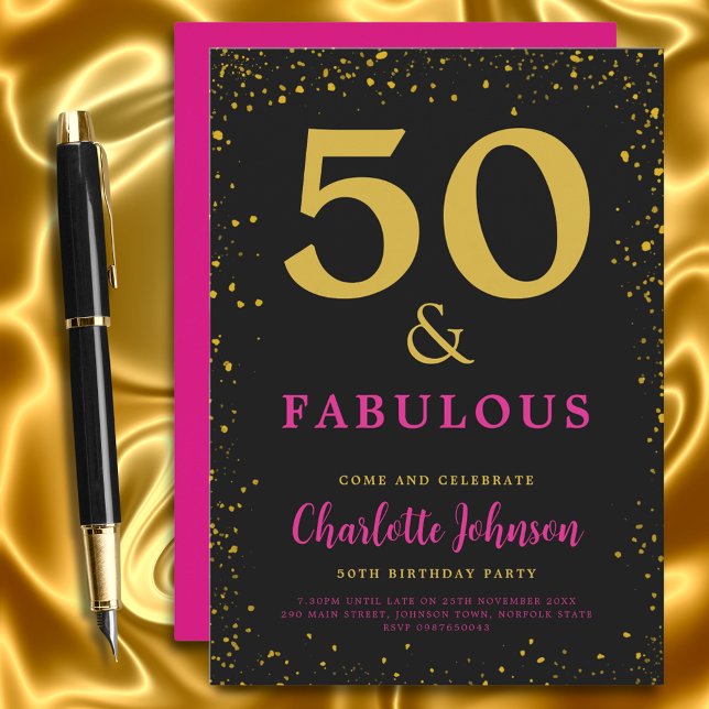 Convite Festa Moderna de 50 Anos de Idade Rosa (50 and fabulous stylish black pink and gold glitter 50th birthday party invitation )