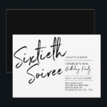 Convite Festa Moderna de 60 Anos Black | Sixty Soiree<br><div class="desc">Celebre seu dia especial com este convite de aniversário de 60 anos simples e elegante. Este design apresenta uma escrita "Sixtieth Soiree" com um layout limpo na combinação de cores preto e branco. Mais designs disponíveis na minha loja BaraBomDesign.</div>