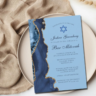 Convite Festa Moderna de Bar Mitzvah em Azul Dourado Ágata