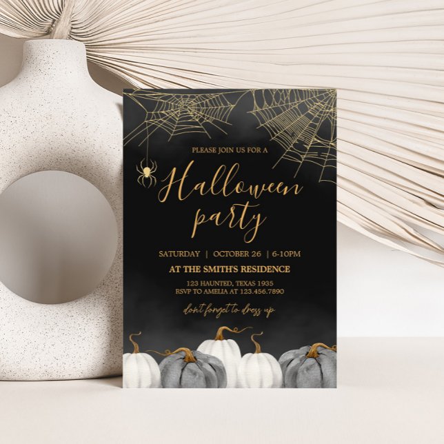 Convite Festa Moderna de Halloween de Aranha Pumpkin (Modern Adult Halloween Party Invitation)