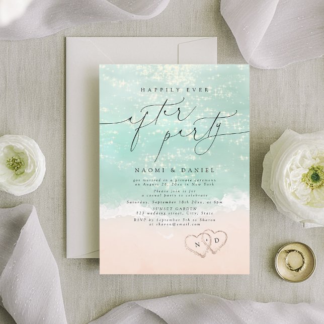 Convite Festa Moderna de Roteiro Corações Felizes para Sem (Modern Script Sand Hearts Happily Ever After Party Invitation)