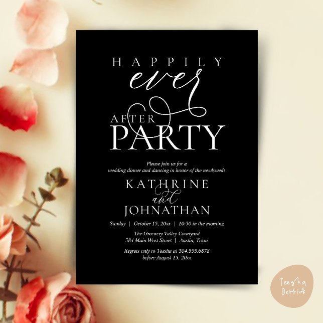 Convite Festa Moderna de Script Casamento Feliz para Sempr (Modern Script Happily Ever After Dinner Party Elopement Invitation Card in Black and White)
