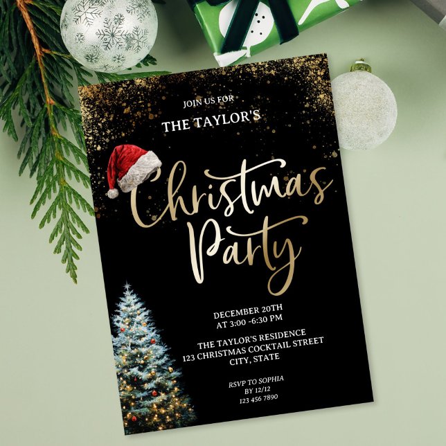 Convite Festa Moderna e Elegante de Árvore de Natal com Br (Modern Elegant Glitter Christmas Tree Party Invitation with gold writing and santa's cap)