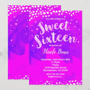 Convite Festa Moderna Jovem Rosa e Roxa Sweet 16