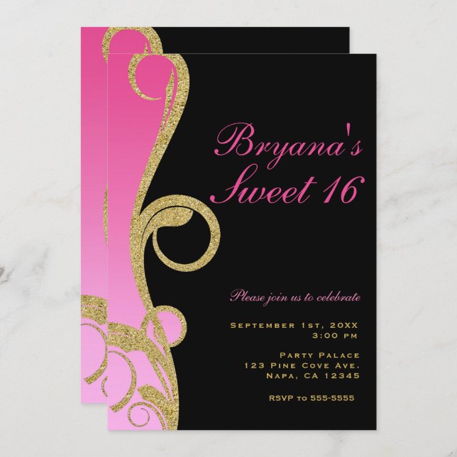 Convite Festa Moderna Rosa, Preto e Dourado com Redemoinho (Frente/Verso)