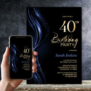 Convite Festa na moda a preto e azul de aniversário de 40 