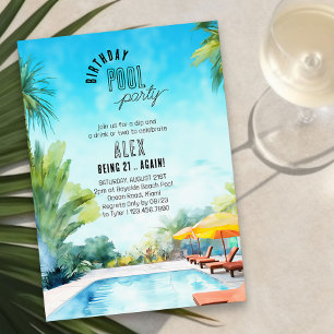 Convite Festa na Piscina Aquarela Aniversário Adulto Qualq