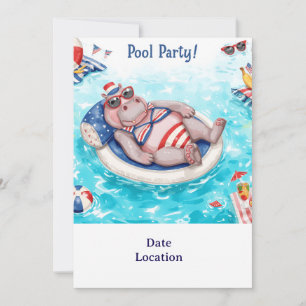 Convite Festa na Piscina com Hipopótamo