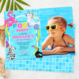 Convite Festa na Piscina Flamingo Unicórnio Boia Foto Aniv