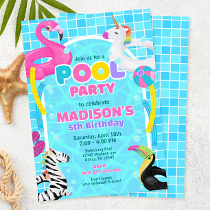 Convite Festa na Piscina Flamingo Unicórnio Boia Menina An