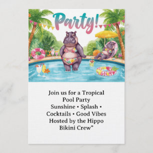 Convite Festa na piscina Hipopótamo Biquíni Tema tropical