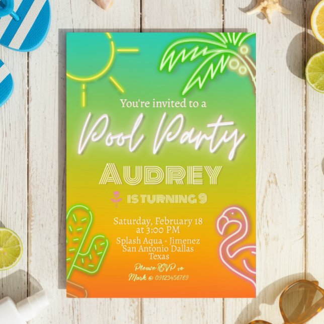 Convite Festa na Piscina Neon Tropical (Pool Party Neon Tropical Invitation)