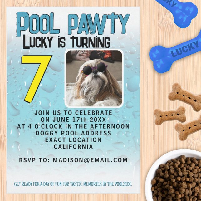 Convite Festa na piscina para cachorro com foto personaliz (Pool pawty puppy dog custom photo birthday party invitation by Isabella Hippie Lou)