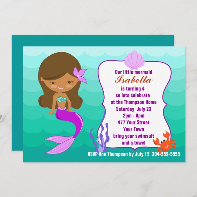Convite Festa na piscina roxa da sereia (Frente/Verso)