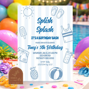 Convite Festa na Piscina Splish Splash Desenho à Mão