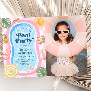 Convite Festa na Piscina Tema de Verão Foto de Aniversário