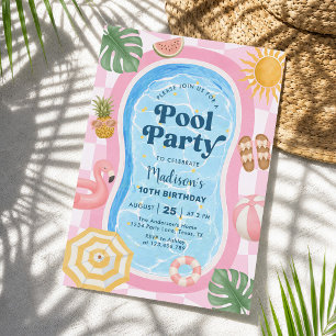 Convite Festa na Piscina Tema Moderno de Verão para Menina