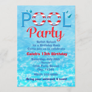 Convite Festa na Piscina Tipografia de Aniversário Vermelh