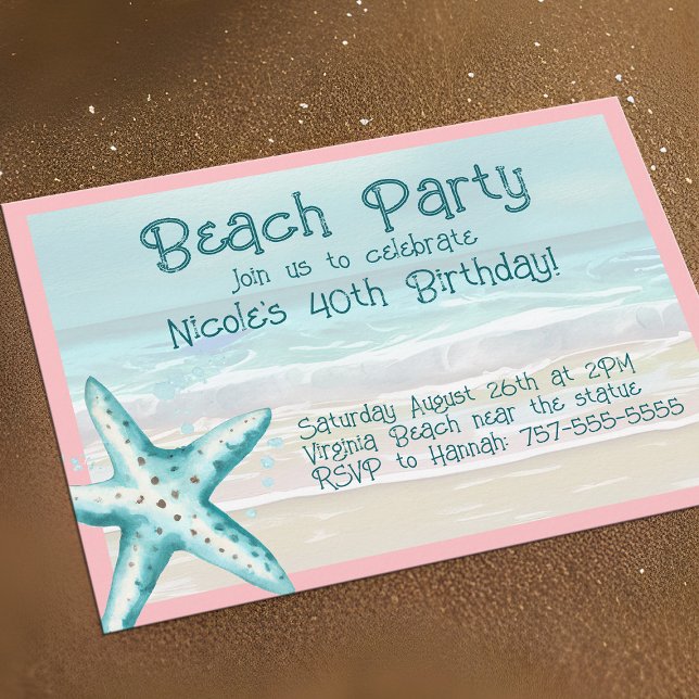 Convite Festa na Praia da Estrela do Mar Aguamarinha e Ros (Starfish beach party invitations, cheerful & casual for Summer fun)