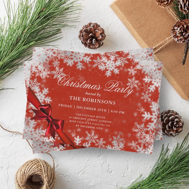 Convite Festa Natal Festiva Prata e Friso Vermelho (Festive Holiday Christmas Silver & Red Ribbon Red Invitation)