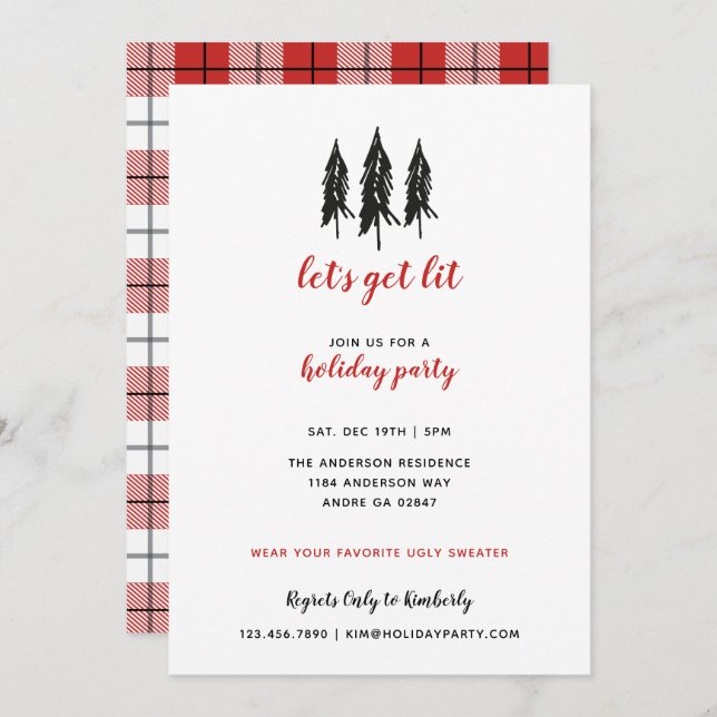 Convite Festa natalícia vermelha do teste padrão da xadrez (Frente/Verso)