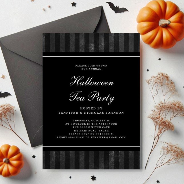 Convite Festa Negra de Chá no Halloween (Black Stripes Halloween Tea Party Invitation)