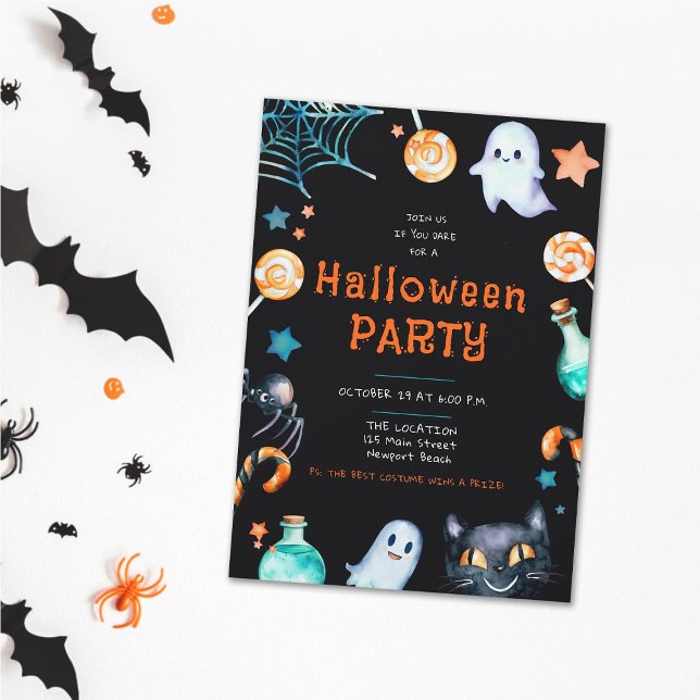 Convite Festa Negra de Ghosts Black Cat House (halloween family house party invitation candy frame spider ghosts cat potion black orange whimsical)